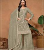 Olive silk blend embroidered sharara set
