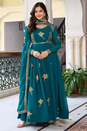 Teal green faux georgette thread gown set