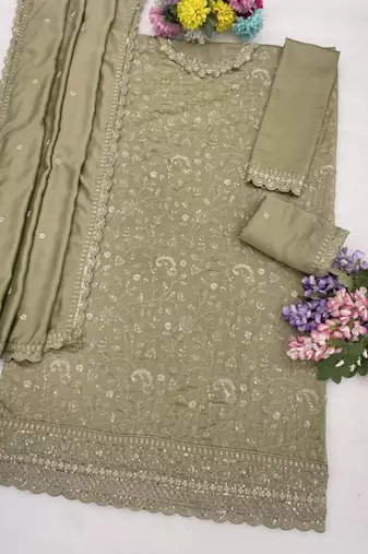 Olive silk blend embroidered sharara set