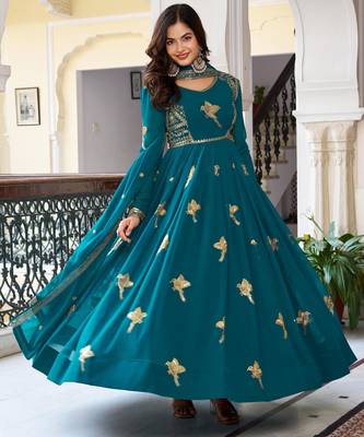 Teal green faux georgette thread gown set 3
