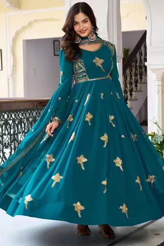 Teal green faux georgette thread gown set