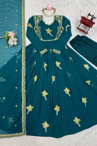 Teal green faux georgette thread gown set