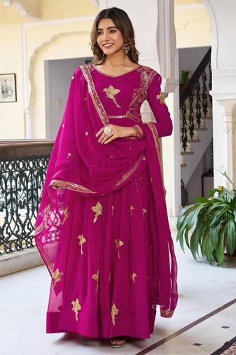 Magenta faux georgette thread gown set