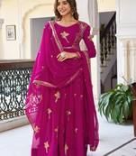 Magenta faux georgette thread gown set