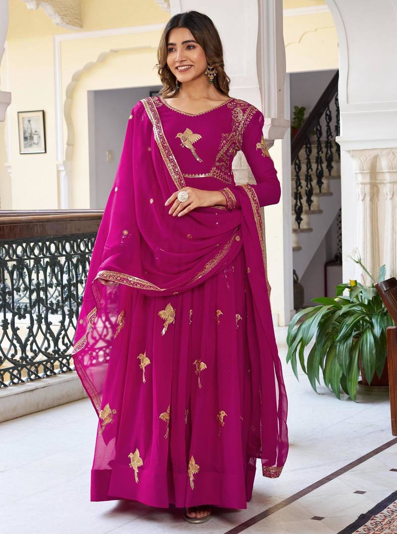 Magenta faux georgette thread gown set