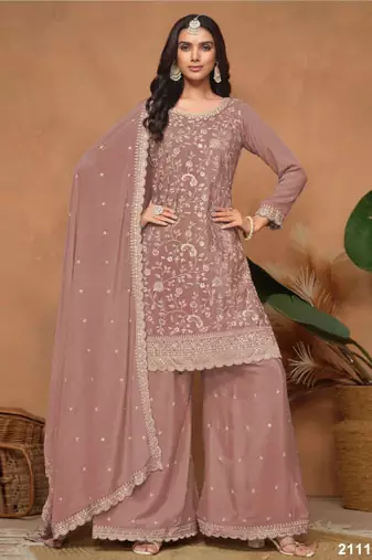 Peach silk blend embroidered sharara set