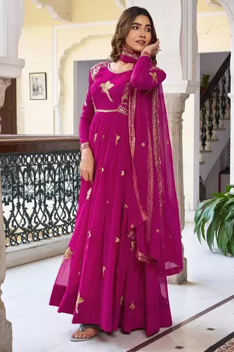 Magenta faux georgette thread gown set