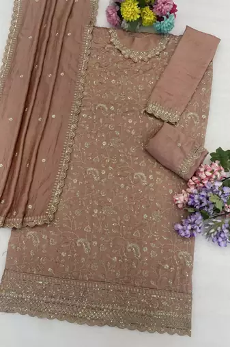 Peach silk blend embroidered sharara set