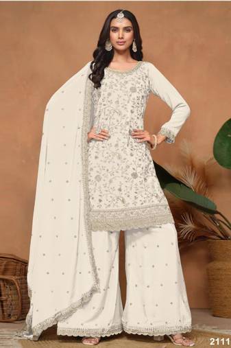 White silk blend embroidered sharara set