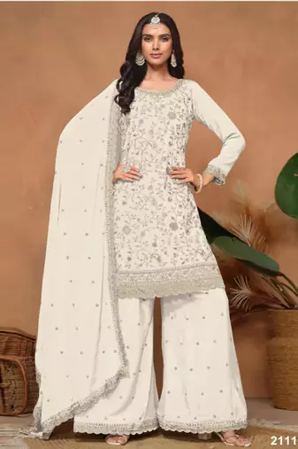 White silk blend embroidered sharara set