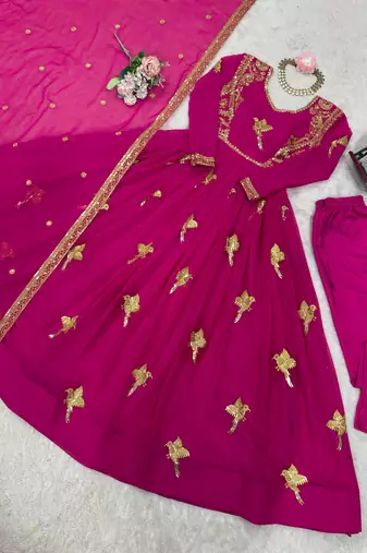 Magenta faux georgette thread gown set