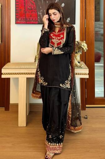 Black cotton silk embroidered palazzo set