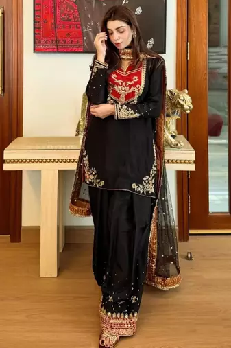 Black cotton silk embroidered palazzo set