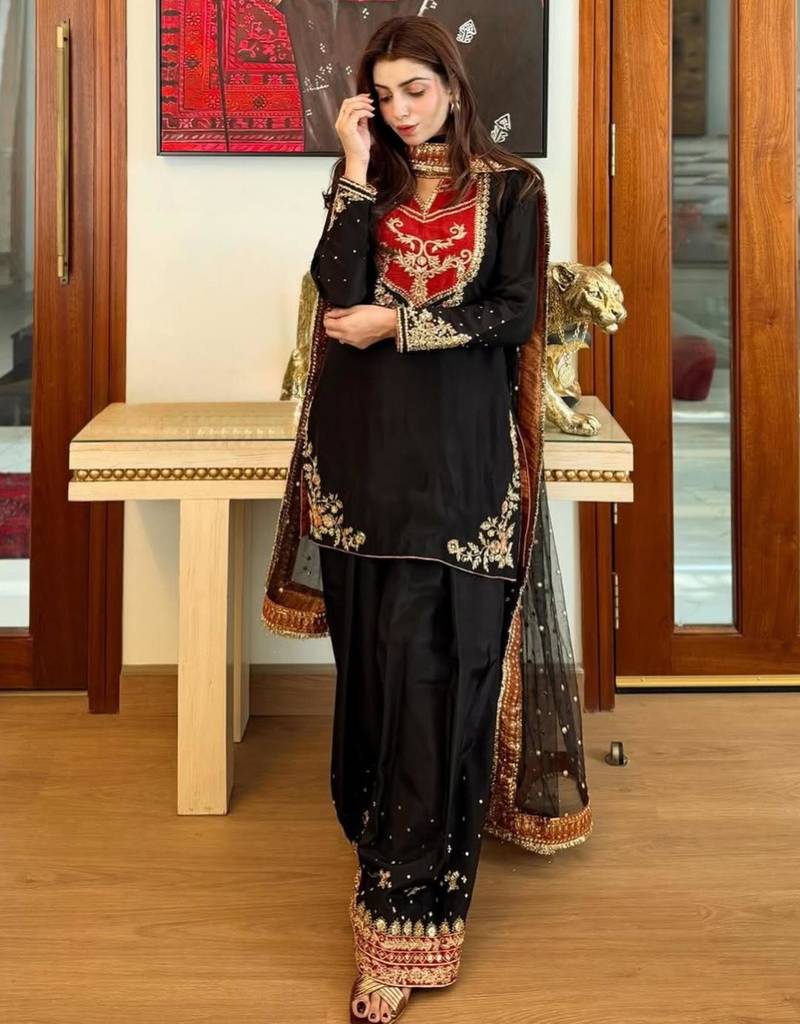 Black cotton silk embroidered palazzo set