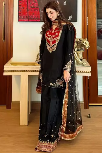 Black cotton silk embroidered palazzo set