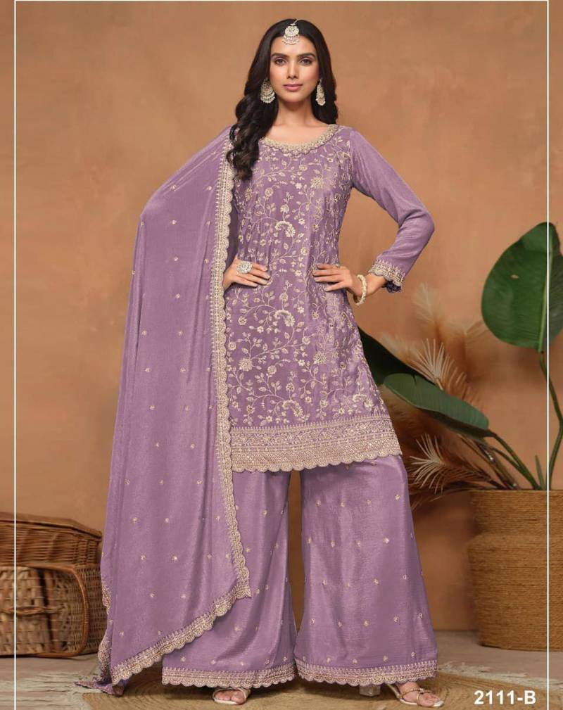 Lavender silk blend embroidered sharara set