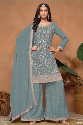 Teal silk blend embroidered sharara set
