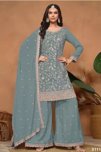 Teal silk blend embroidered sharara set