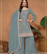 Teal silk blend embroidered sharara set