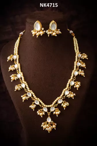 gold plated white bridal necklace set