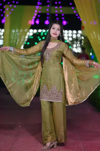 Olive silk blend embroidered palazzo set