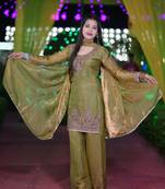 Olive silk blend embroidered palazzo set
