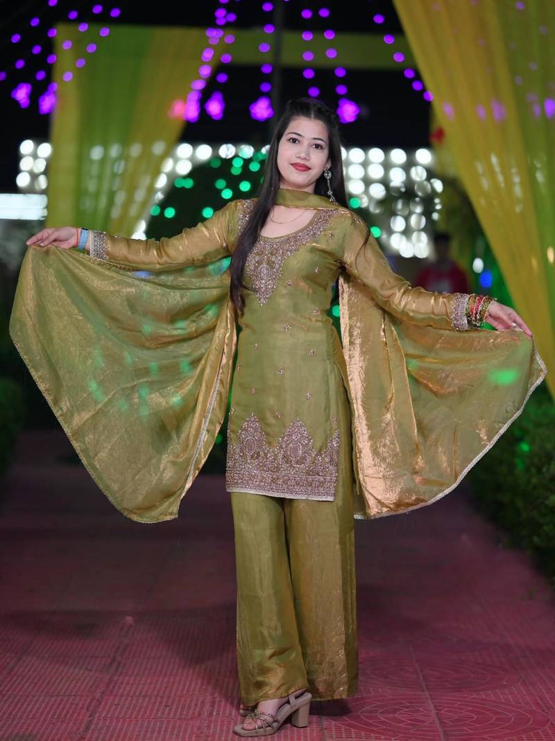 Olive silk blend embroidered palazzo set