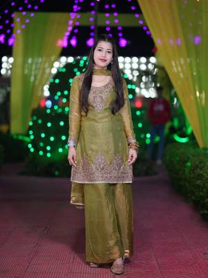 Olive silk blend embroidered palazzo set 2