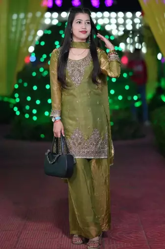 Olive silk blend embroidered palazzo set