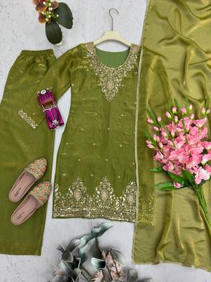 Olive silk blend embroidered palazzo set 4