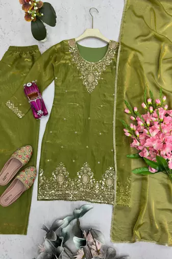 Olive silk blend embroidered palazzo set