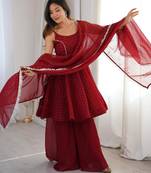 Red silk blend embroidered sharara palazzo set