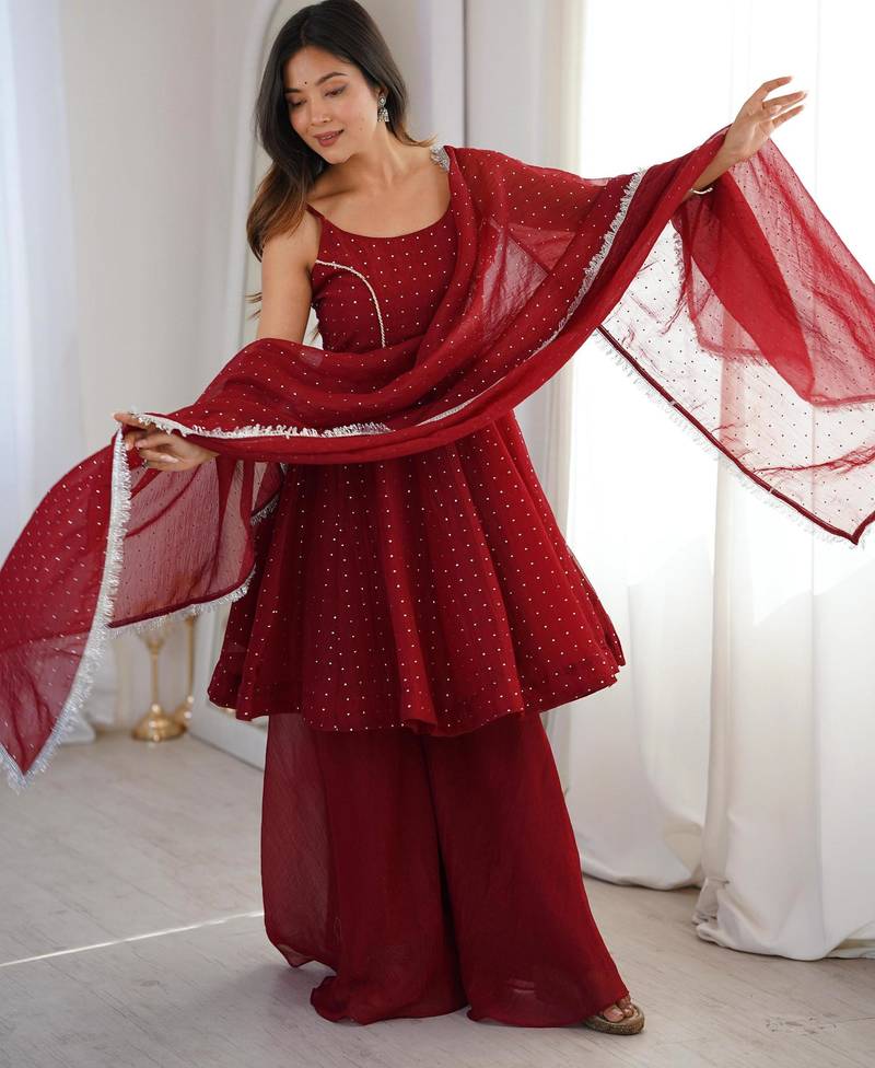 Red silk blend embroidered sharara palazzo set