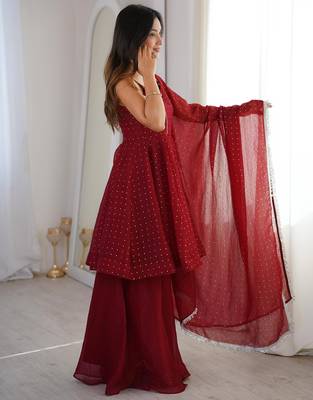 Red silk blend embroidered sharara palazzo set 2