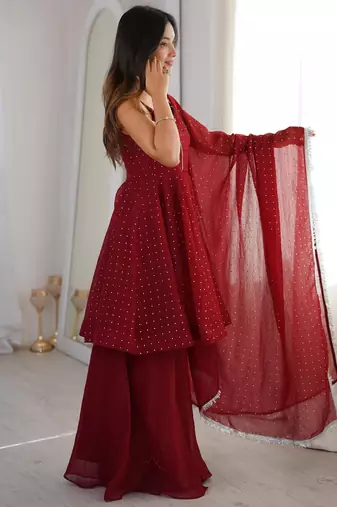 Red silk blend embroidered sharara palazzo set