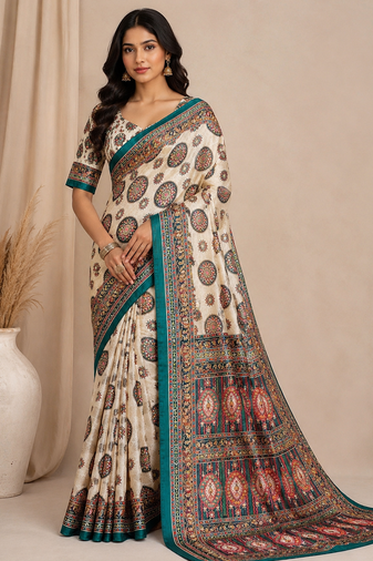 white-rama digital printing with original mirror dola silk saree