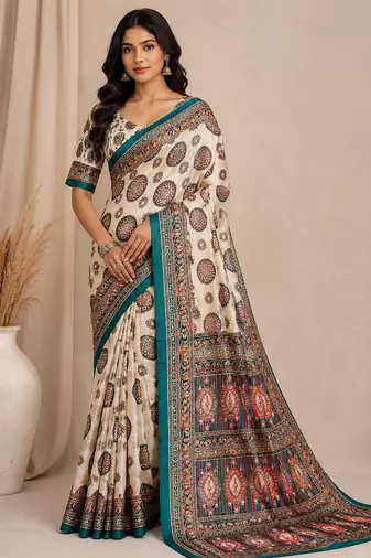 white-rama digital printing with original mirror dola silk saree