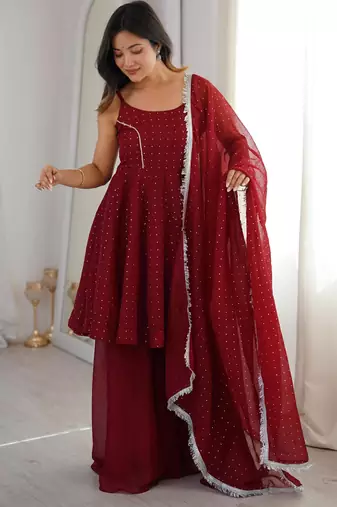 Red silk blend embroidered sharara palazzo set