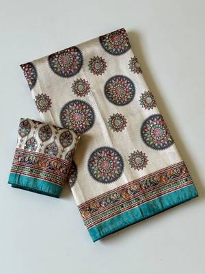white-rama digital printing with original mirror dola silk saree 2