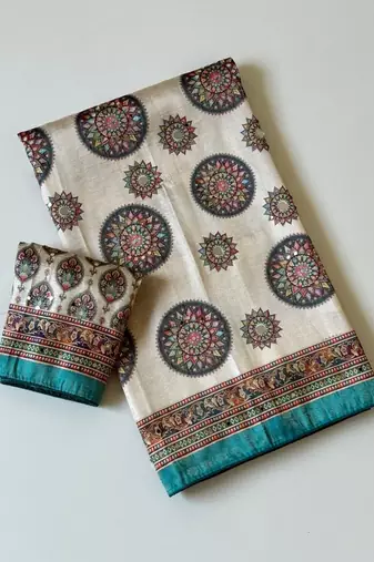 white-rama digital printing with original mirror dola silk saree