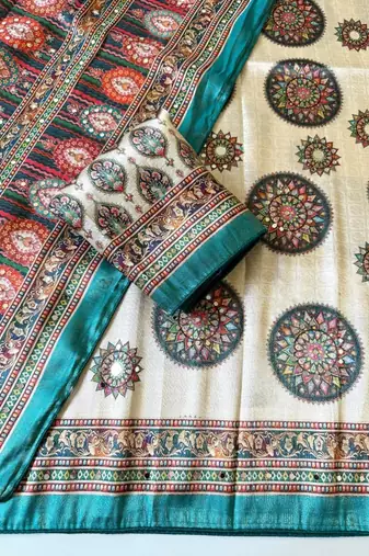 white-rama digital printing with original mirror dola silk saree