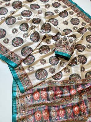 white-rama digital printing with original mirror dola silk saree 4