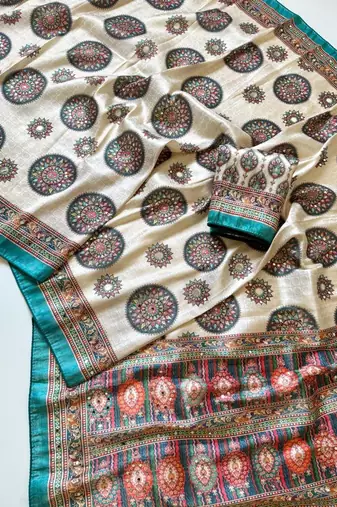 white-rama digital printing with original mirror dola silk saree