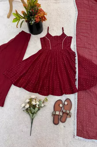 Red silk blend embroidered sharara palazzo set