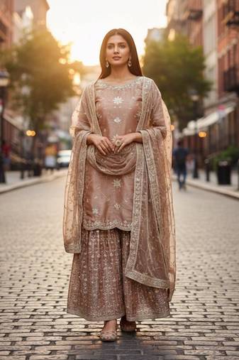 Light peach silk blend embroidered sharara set