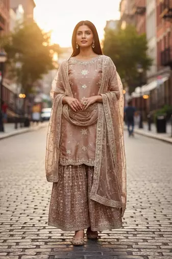 Light peach silk blend embroidered sharara set