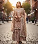 Light peach silk blend embroidered sharara set