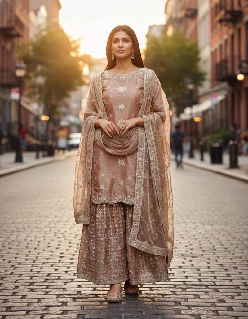 Light peach silk blend embroidered sharara set