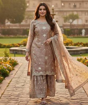 Light peach silk blend embroidered sharara set 2