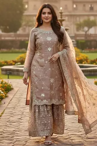 Light peach silk blend embroidered sharara set